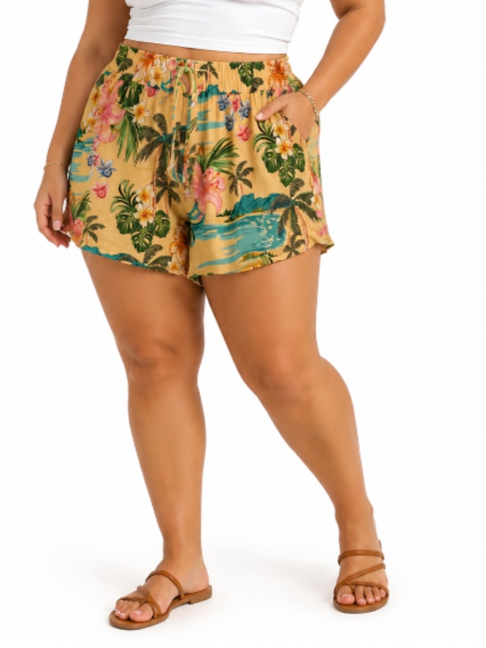 SHORE Tropical Linen Blend Shorts Yellow Tropical Print XL